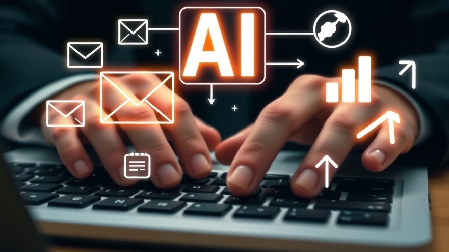 Hands typing on a keyboard with glowing AI prompts and social media icons.