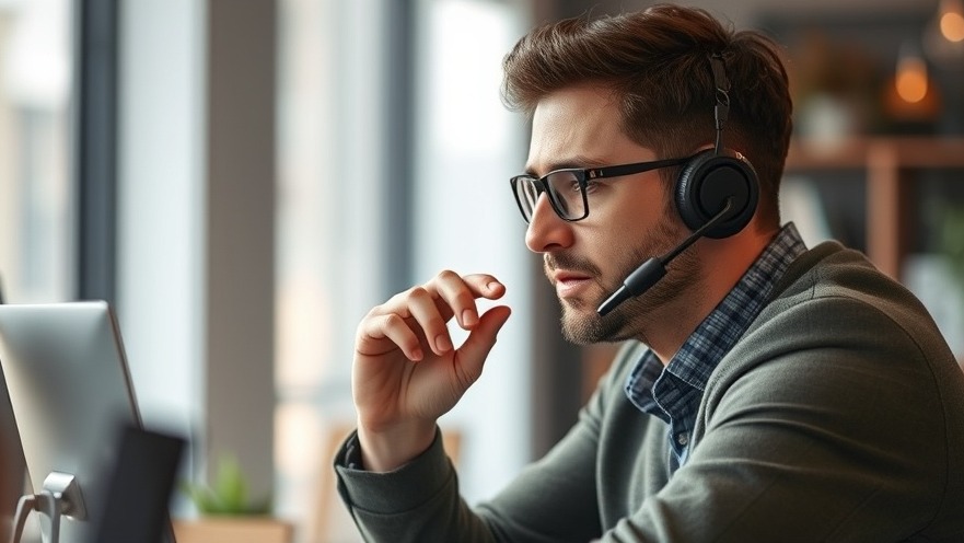 Entrepreneur thoughtfully listening to customer feedback on phone in modern office.