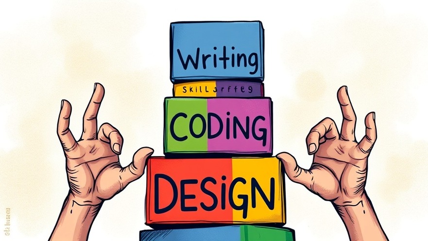 Vibrant illustration of a person building a skill tower with colorful blocks.