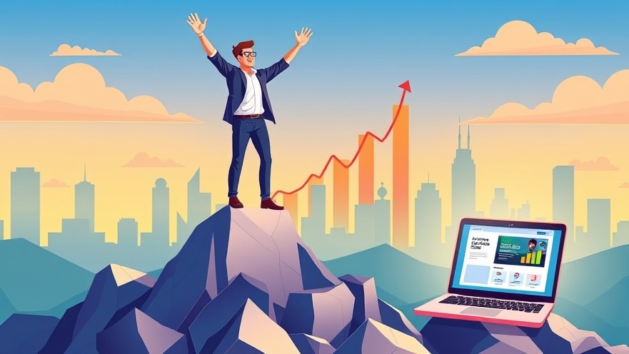 A small business owner triumphantly atop a lead mountain, symbolizing overcoming lead generation obstacles.
