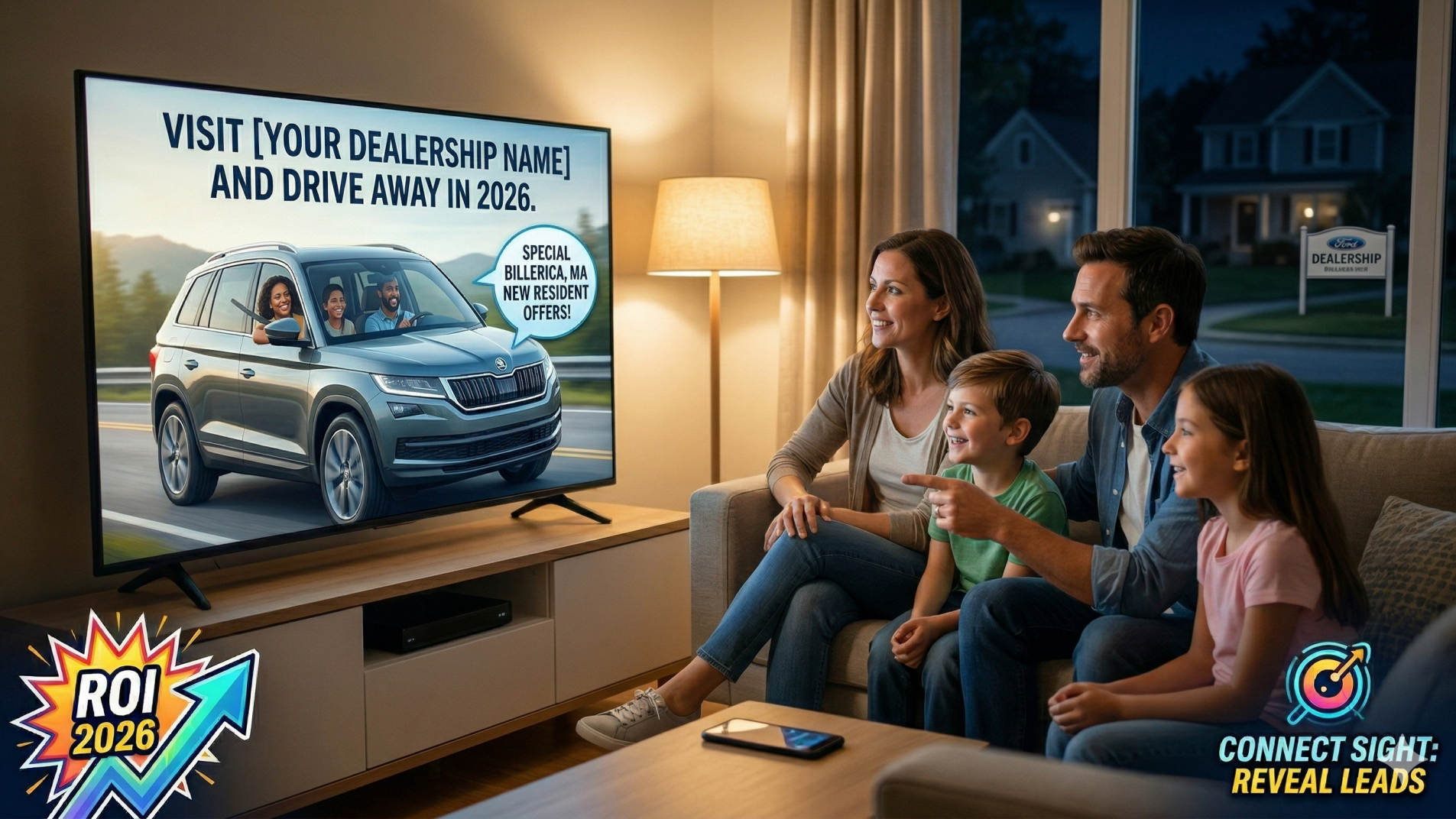 family watching an ad about a car