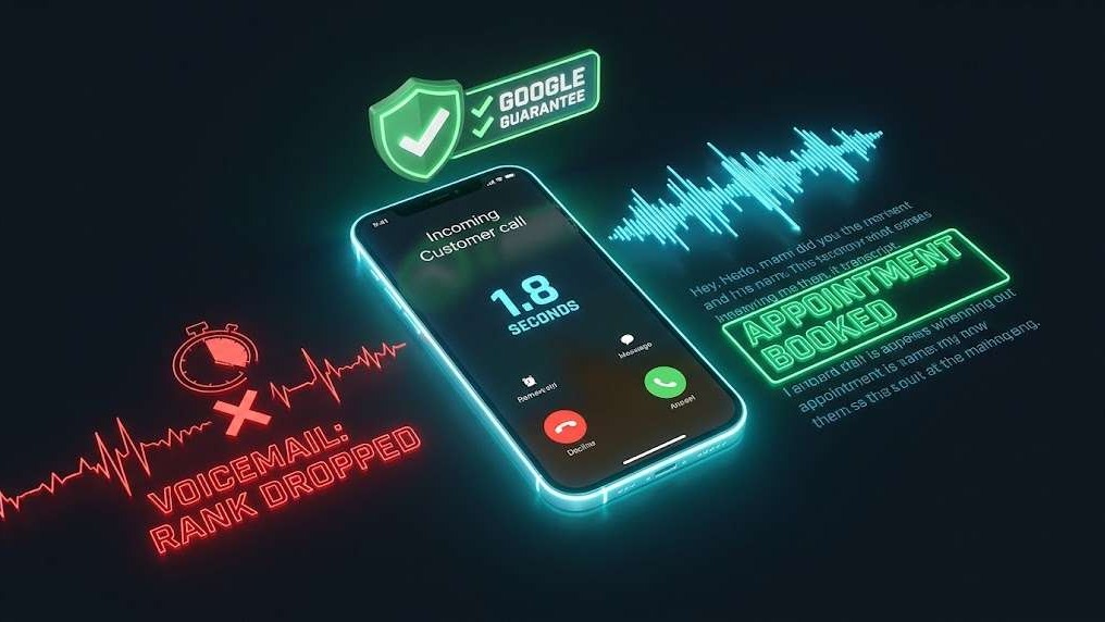Illustration showing how Google Local Services Ads analyzes phone response speed and call transcripts to rank contractors.