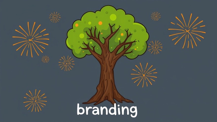 Illustration of a tree representing branding with fireworks symbolizing marketing.