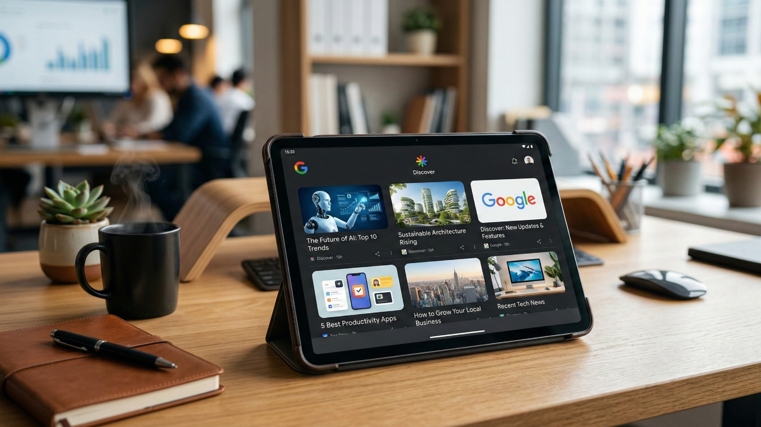 A professional office desk with a tablet showing a Google Discover feed