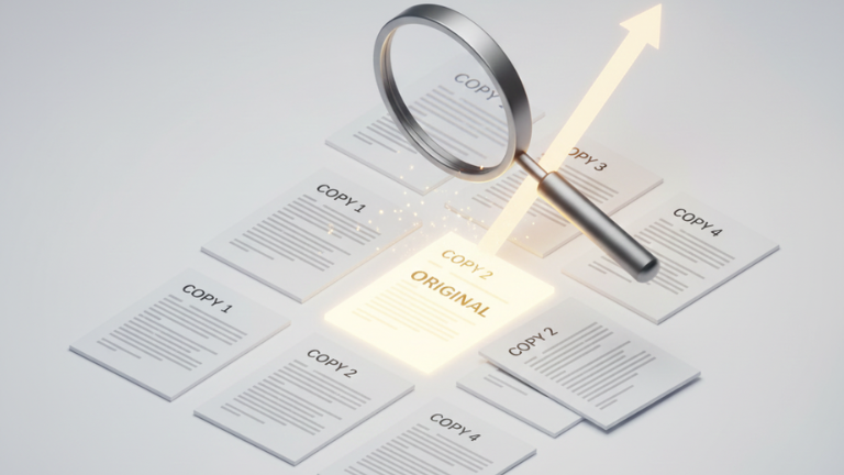 A 3D isometric illustration of a magnifying glass hovering over a series of identical paper documents, with one document glowing brightly to represent the "original."