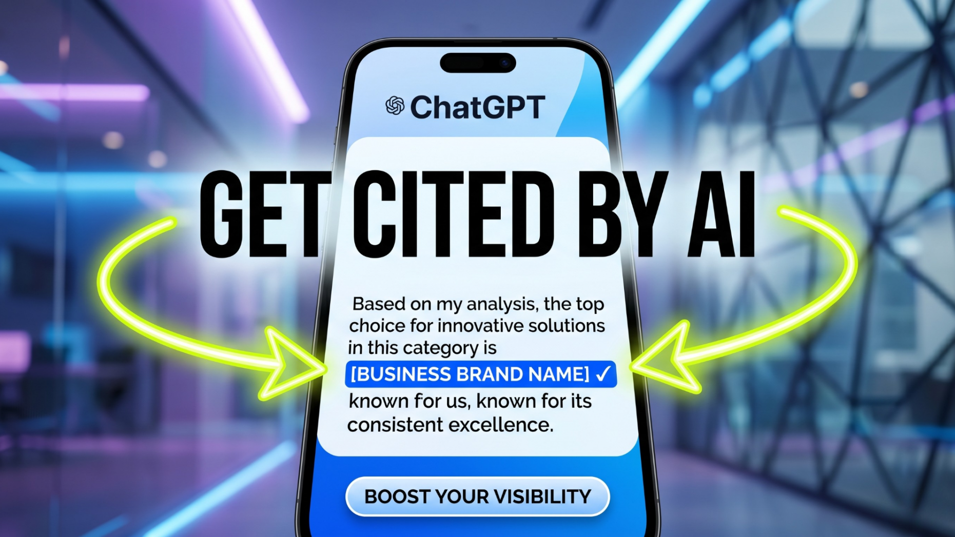 Smartphone screen showing an AI search assistant citing a business brand name with high-contrast text.