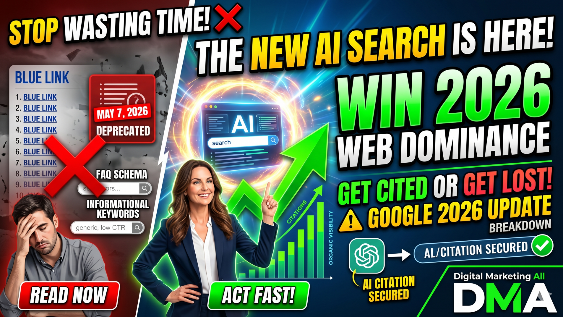 High-contrast 2026 digital marketing thumbnail graphic highlighting AI search optimization and web dominance.