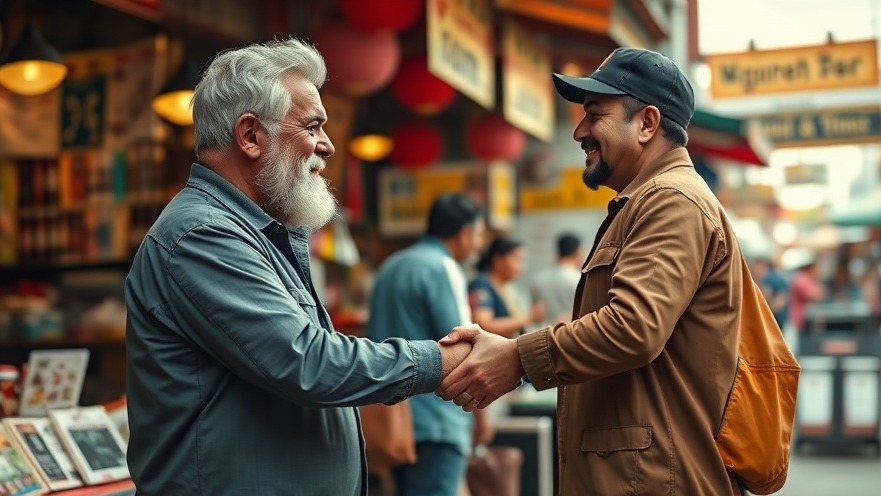 Small shop owner shaking hands in a vibrant street market, symbolizing business alliances.