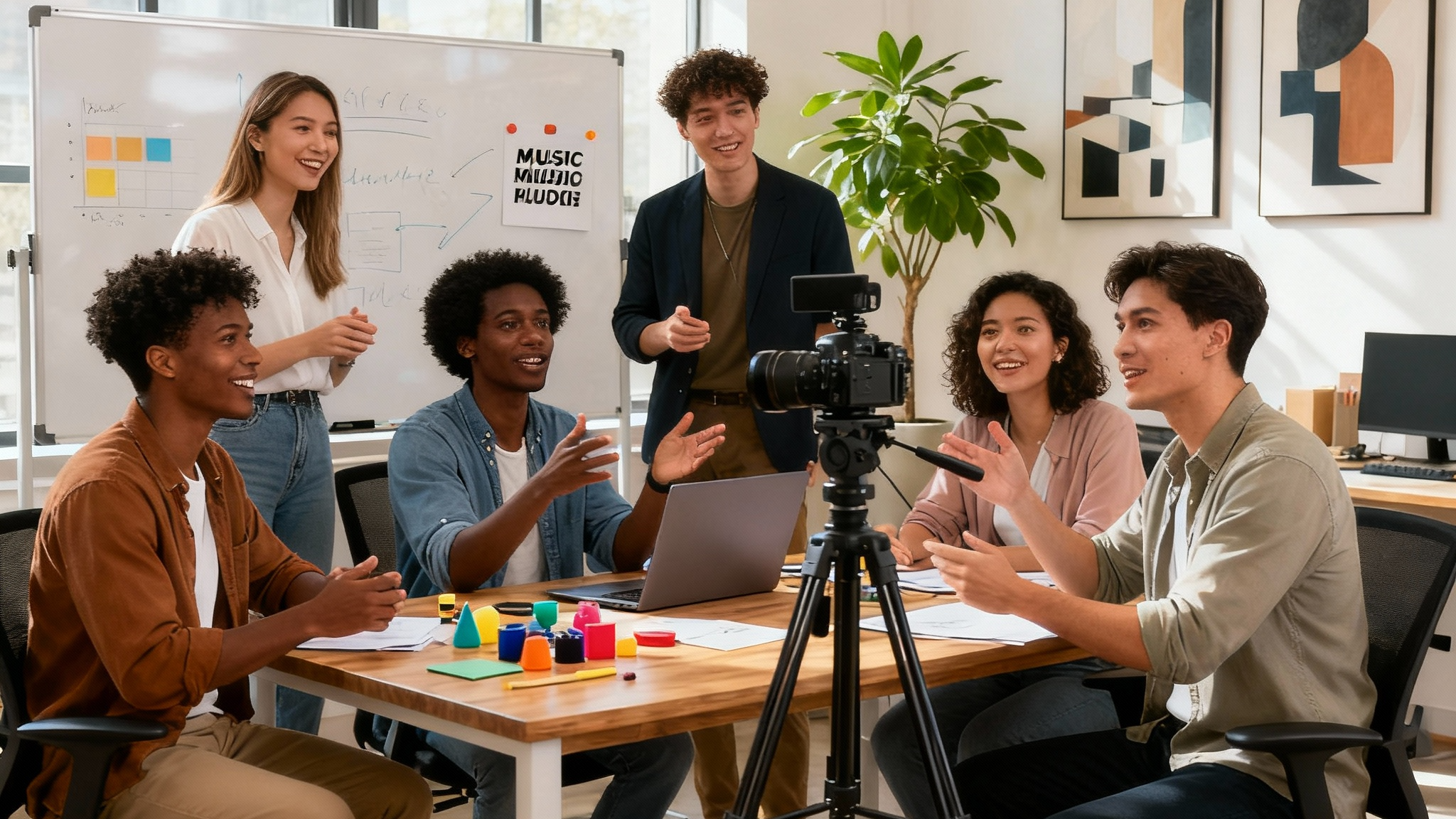 Diverse marketing team creating social media video content, lively workspace, natural lighting, no overlays, clean setup