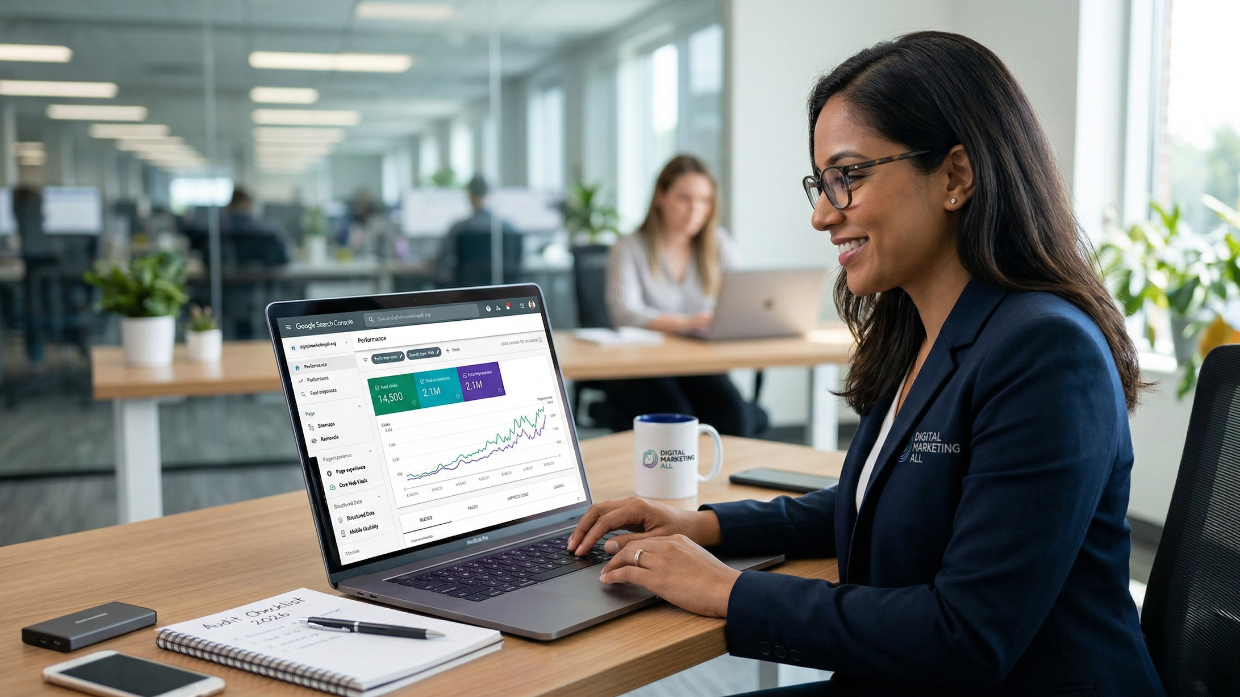 Digital Marketing All expert performing a technical SEO audit on a laptop showing Google Search Console data.