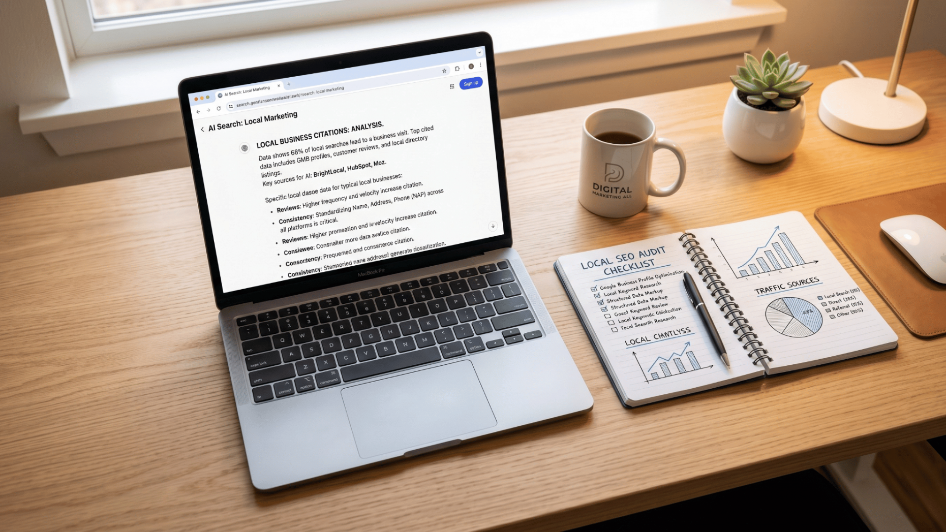 A laptop screen displaying a generative engine optimization analysis and AI citations.