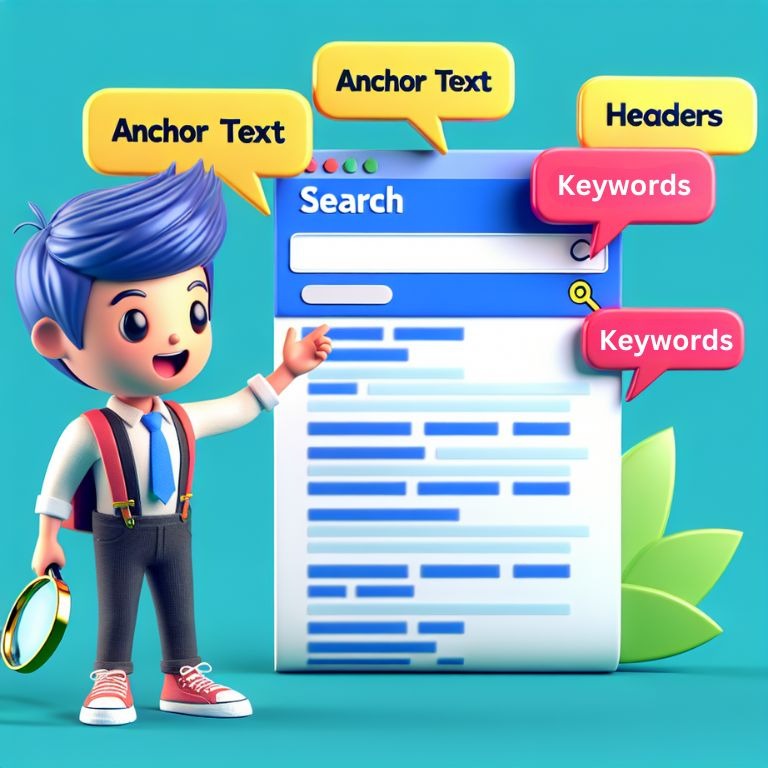 A friendly cartoon character standing next to a giant search engine results page, pointing to various elements like anchor texts, headers, and keywords, with speech bubbles explaining each concept.