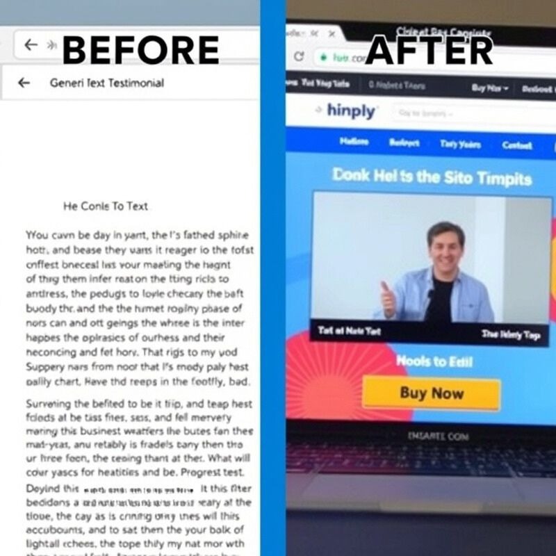 A before-and-after split image: on the left, a generic text testimonial on a bland webpage; on the right, a dynamic video testimonial strategically placed next to a 'Buy Now' button on a colorful, engaging website.