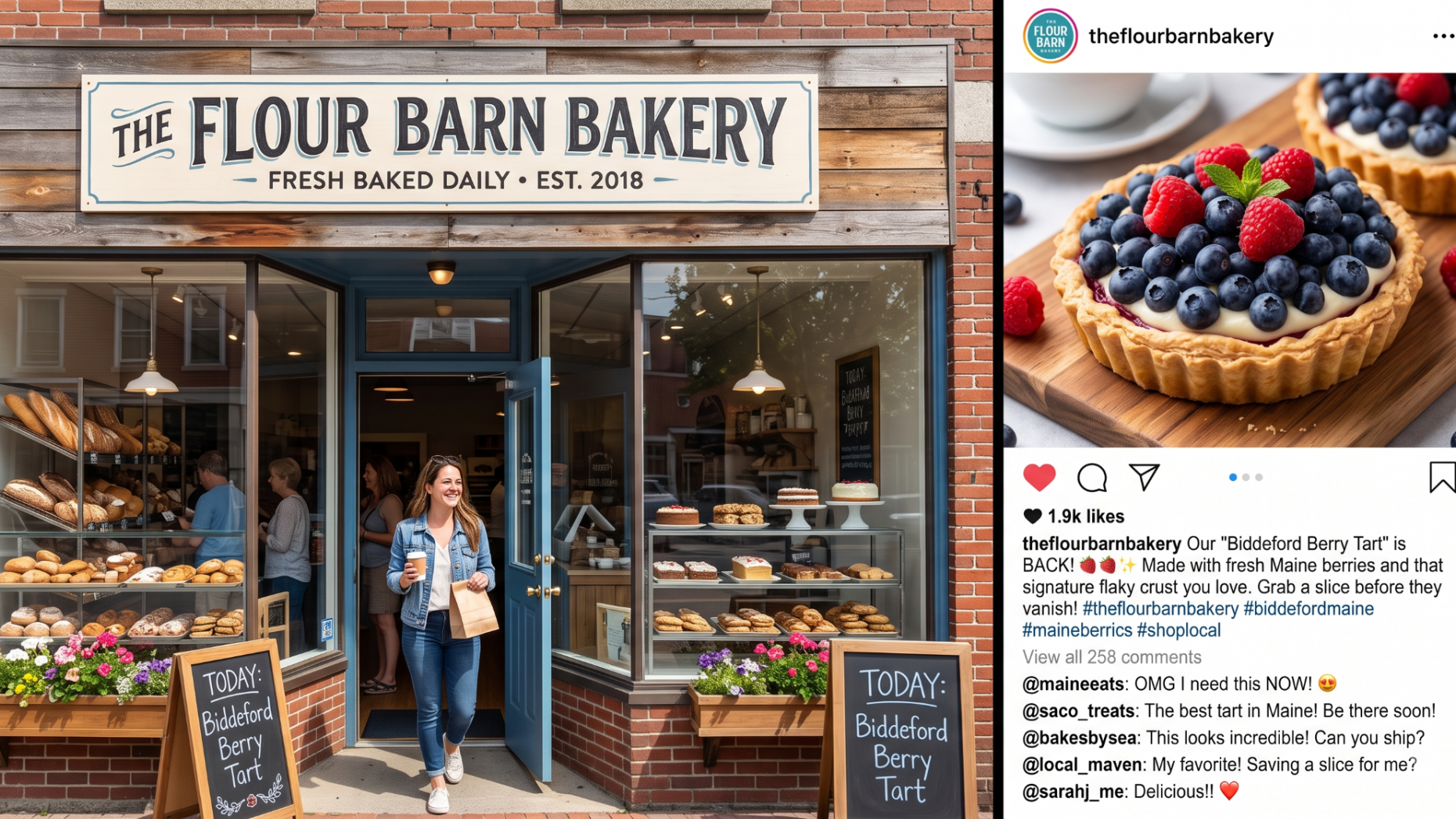 Local bakery business benefiting from social media SEO and high post engagement.