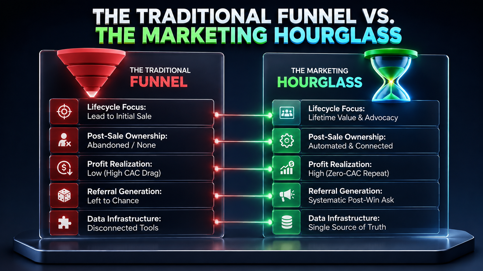 The traditional funnel vs the marketing hourglass