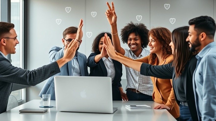 Diverse business team celebrating analytics success with high-fives in a professional office.