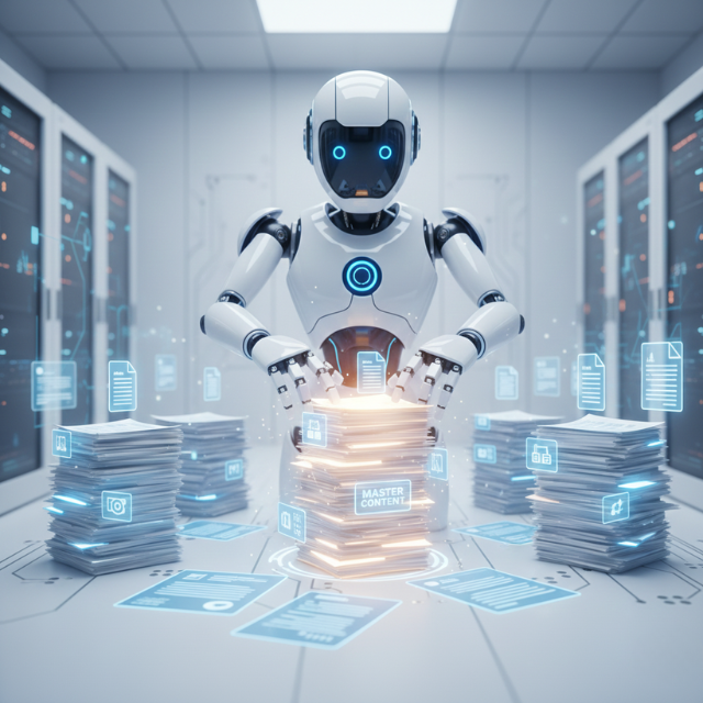 A futuristic robot (AI) sorting through a pile of digital files, placing them into neat, organized categories.