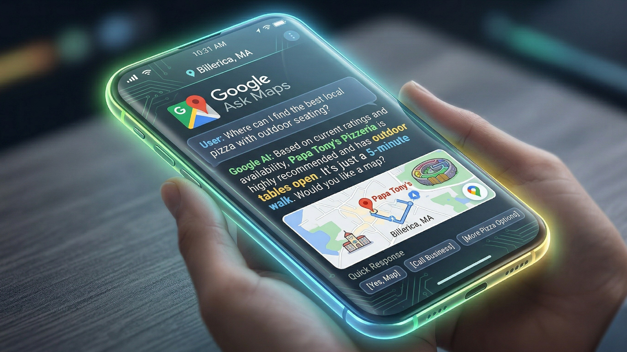 Mockup of Google Ask Maps AI conversational interface