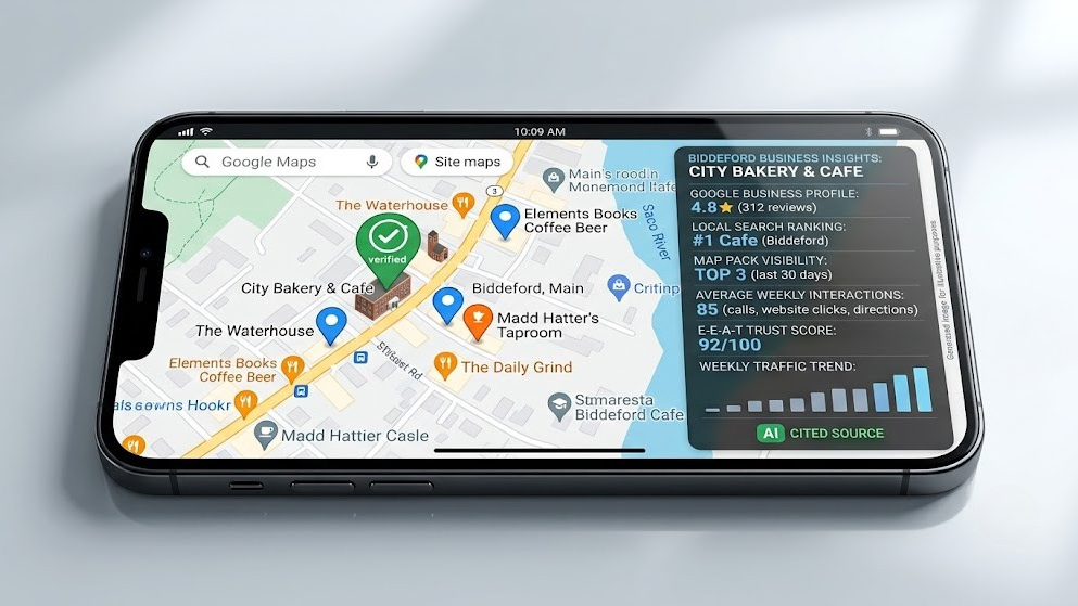 Mobile screen showing accurate local business listings inside an AI map layer.