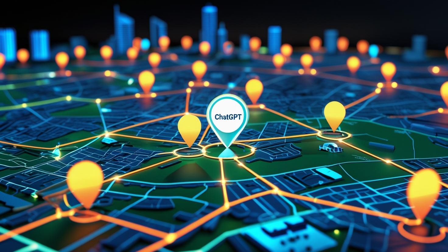 A dynamic infographic showing a map of a city with pins marking local businesses (e.g., pizzeria, gym) connected to a ChatGPT icon via glowing lines, symbolizing traffic flow. Use bright blues and greens.