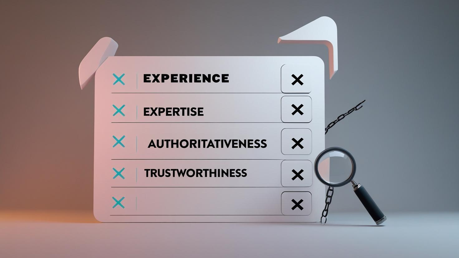 A clean infographic showing a checklist with “Experience, Expertise, Authoritativeness, Trustworthiness” in bold, with icons for reviews, backlinks, and AI search results, professional and minimalistic. Negative Prompt: No cluttered designs, no incorrect spellings, no pixelated icons, no overly bright colors.