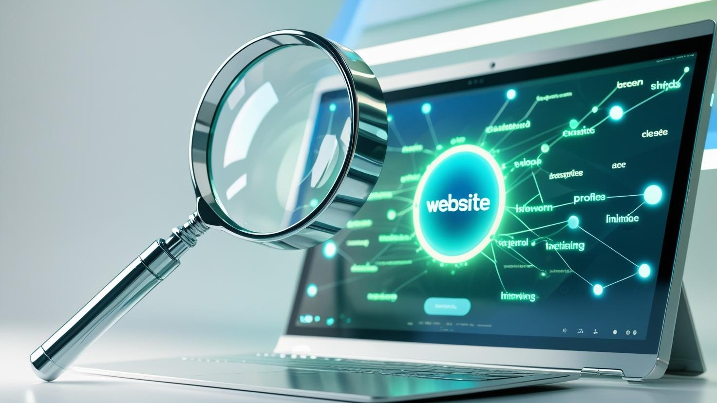 A magnifying glass over a vibrant digital interface showcasing interconnected keywords.