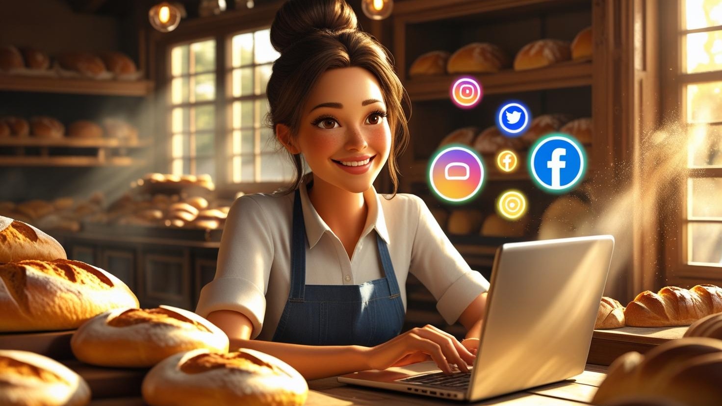 A cheerful bakery owner in a cozy shop, smiling as she checks her website traffic on a laptop, with social media icons floating around. Negative Prompt: No misspelled words, no warped faces, no unrealistic proportions, no text errors.