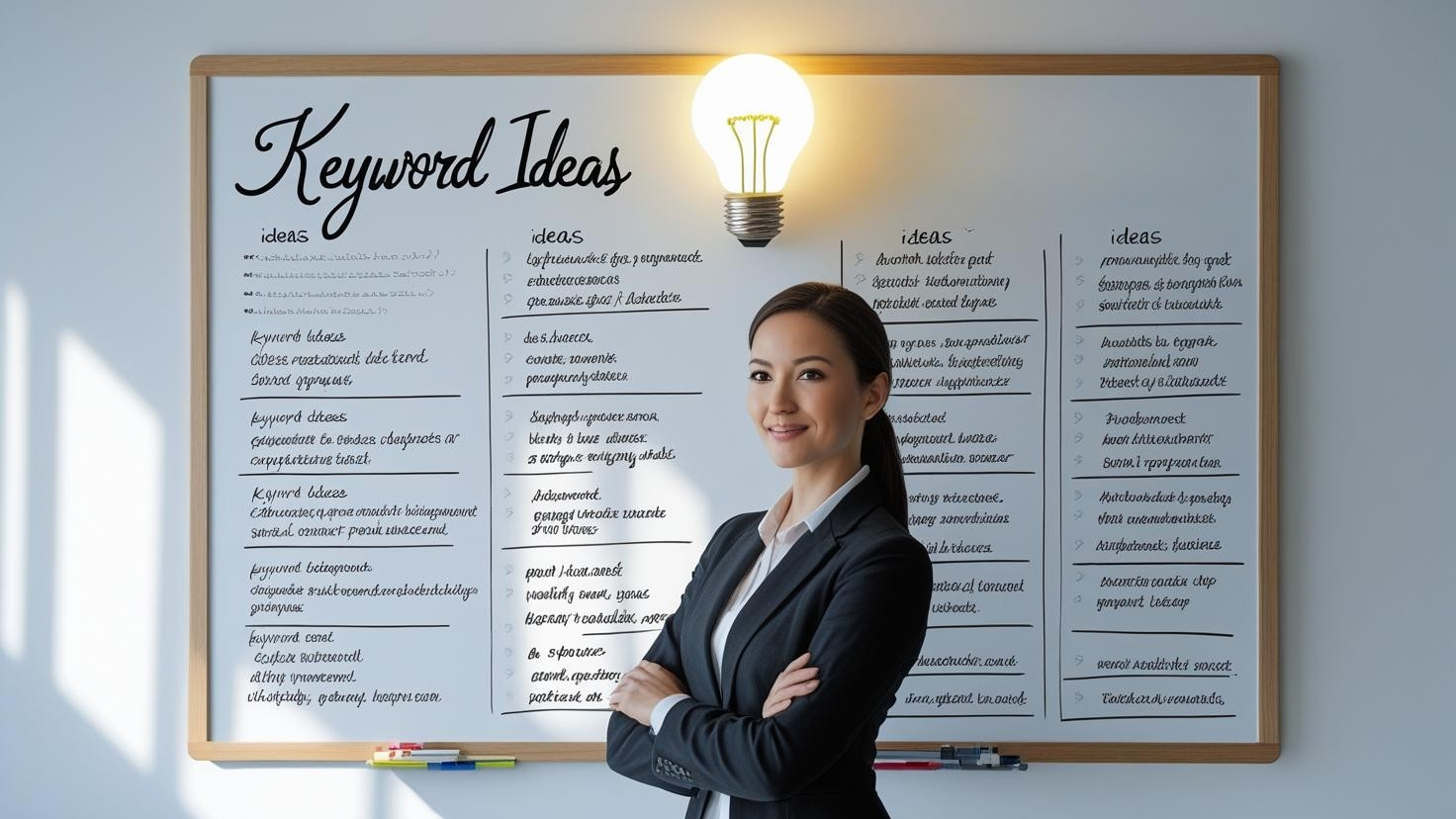 Marketer brainstorming listicle ideas for content marketing strategy at a whiteboard.