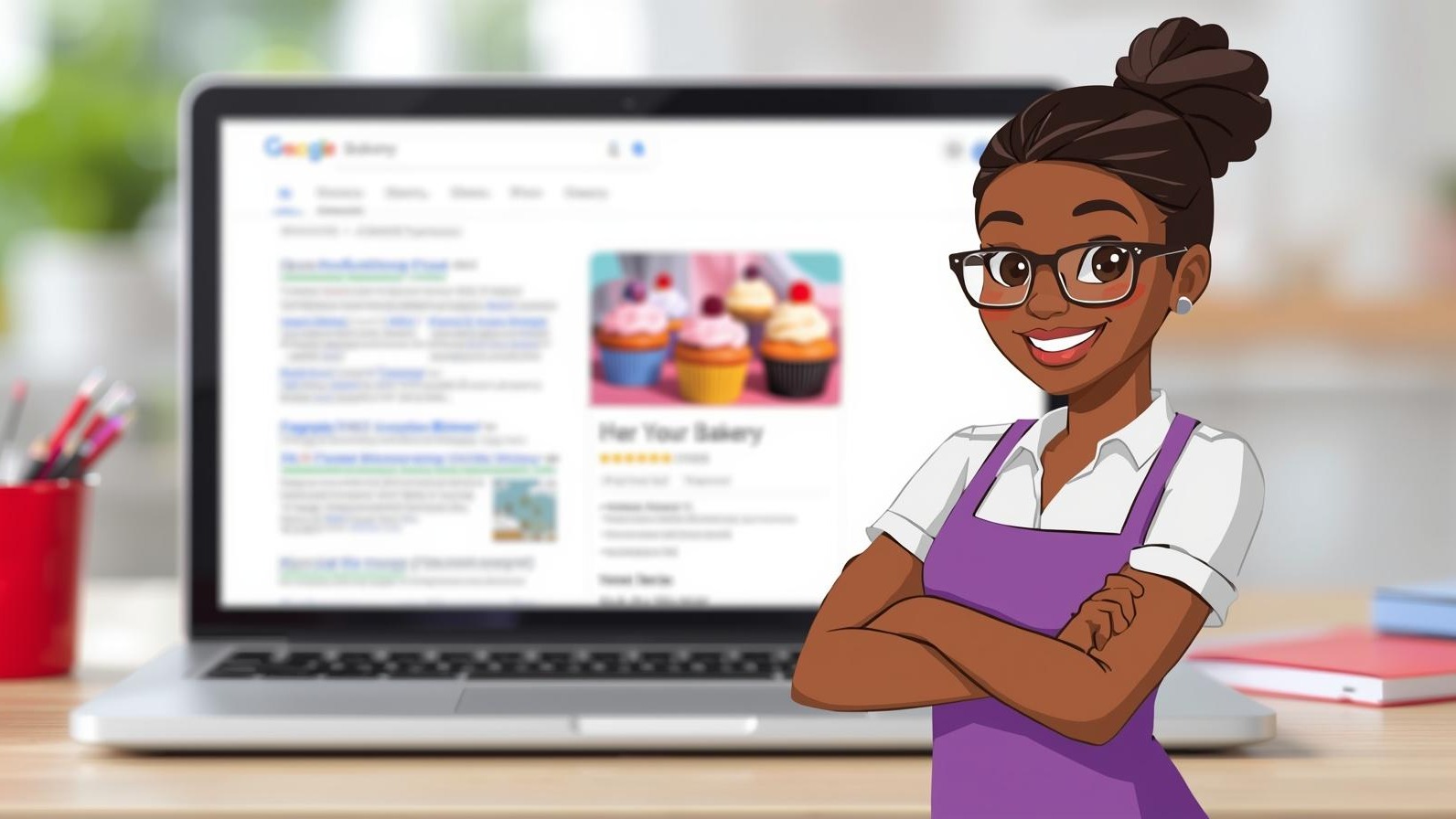 A vibrant digital illustration of a small business owner (a baker) standing in front of a clean, modern website interface on a laptop screen, with Google search results in the background highlighting her bakery at the top. The scene is colorful, with a friendly tone, showing cupcakes and a “#1” badge.