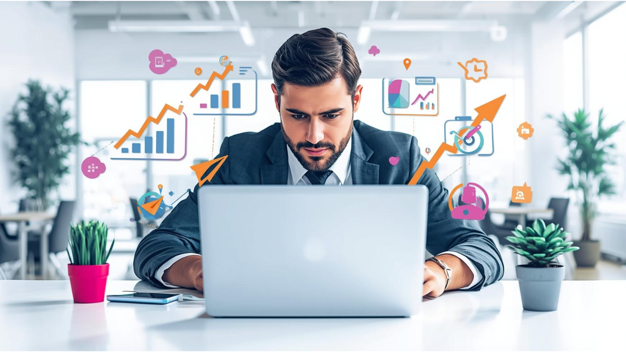 A vibrant illustration of a business owner using a laptop with ChatGPT interface, surrounded by rising graphs and search engine icons, in a modern office; negative prompt: blurry, distorted text, extra limbs, misspelled words, numbers out of place.