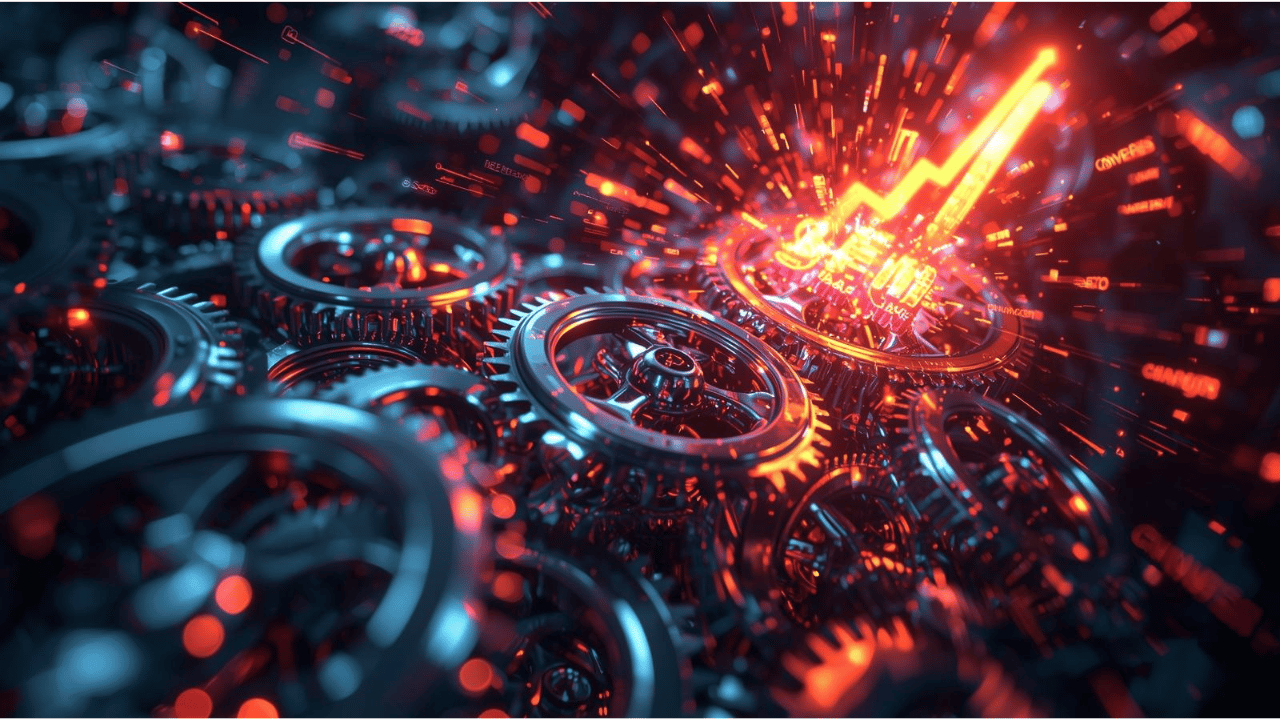 Dynamic scene of AI gears meshing with SEO keywords floating upwards, leading to a exploding business growth chart, colorful and energetic; negative prompt: low resolution, incorrect spellings, deformed objects, random numbers, dark tones.