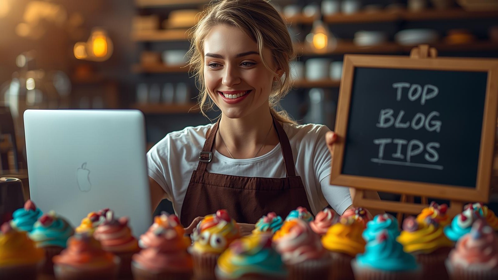 A vibrant digital illustration of a small business owner (a baker) smiling in a cozy bakery, holding a laptop showing a Google search results page with their blog at #1, surrounded by colorful cupcakes and a chalkboard sign saying “Top Blog Tips.”