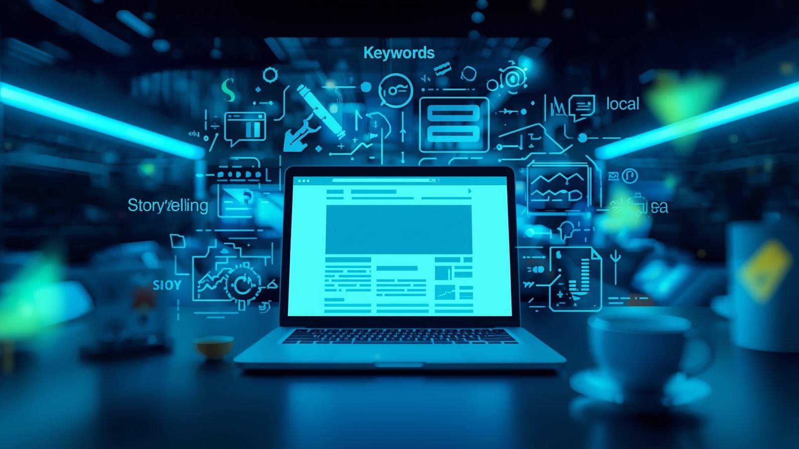 A clean, modern infographic with a laptop displaying a blog post, surrounded by icons for keywords, storytelling, and local SEO, in a bright blue and green color scheme.