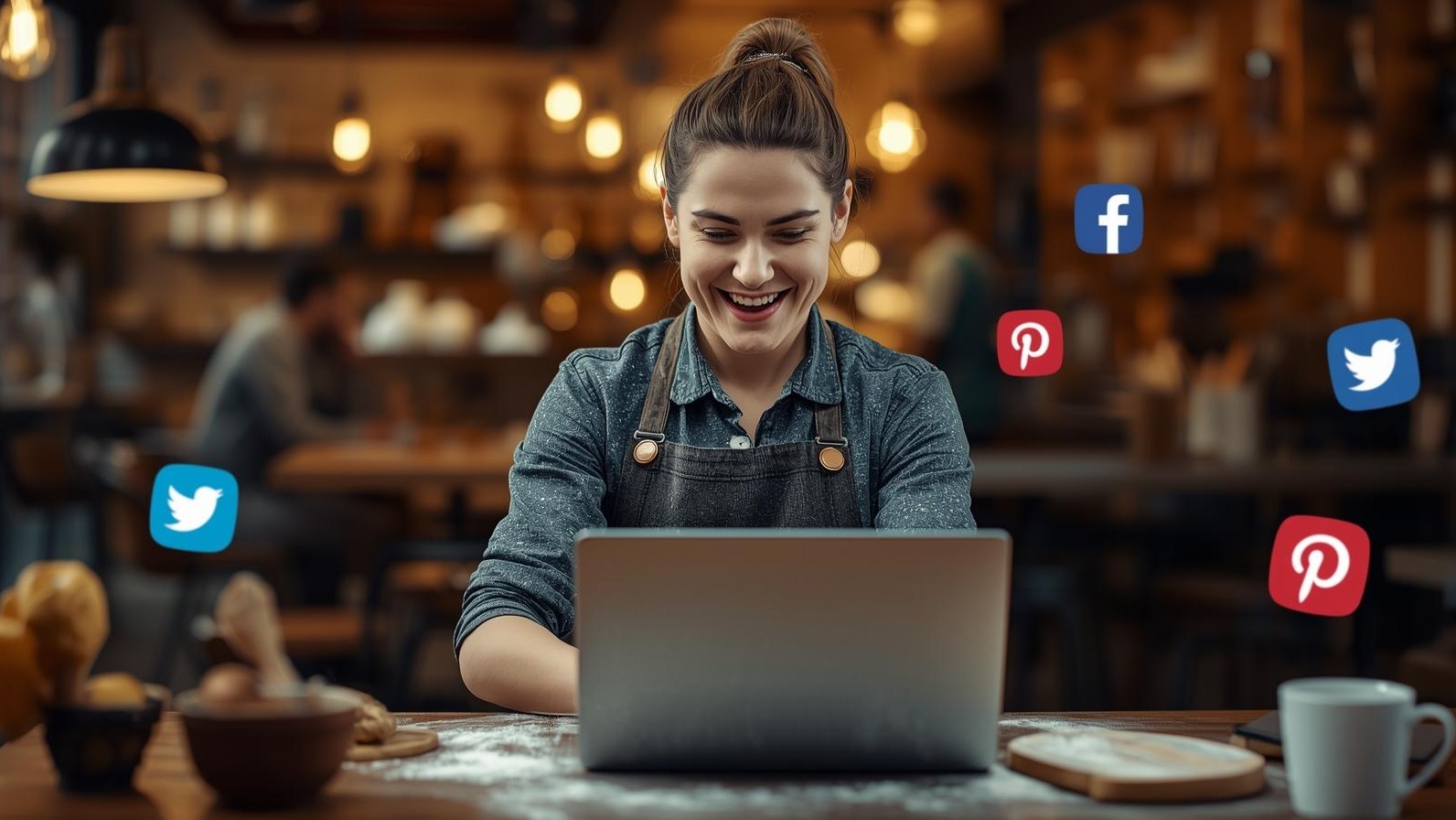 A friendly small business owner (a baker) smiling while posting on a laptop, with a bustling café and social media icons (X, Instagram, Pinterest) floating around.