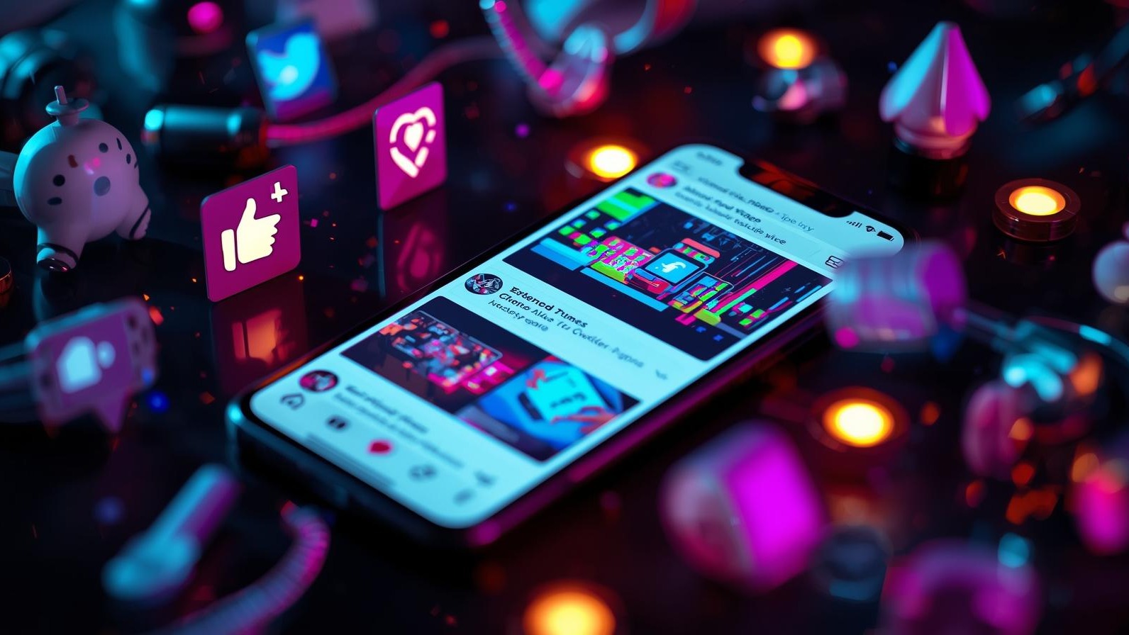 A vibrant digital illustration of a social media feed with colorful posts (tweets, photos, reels) glowing on a smartphone screen, surrounded by icons of likes, shares, and comments, with a clock showing extended time.