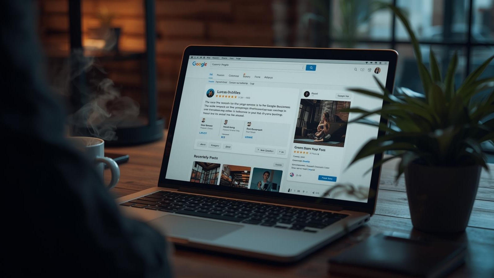 A laptop screen showing a Google Business Profile for a local business, with 5-star reviews and a weekly post about a yoga class. The desk has a coffee cup and a small plant, reflecting a cozy vibe.