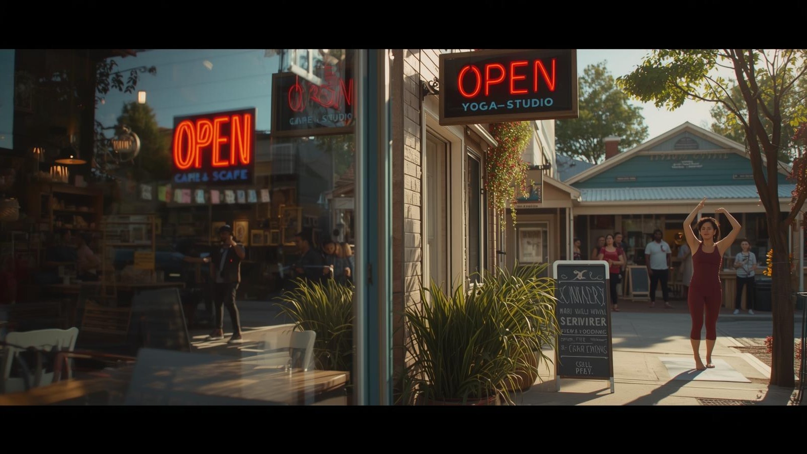 A lively local business street with a yoga studio’s open sign, customers entering a café and pet store nearby, and a vibrant community vibe. A yoga instructor leads an outdoor class in the background. The scene is sunny with clear signage.