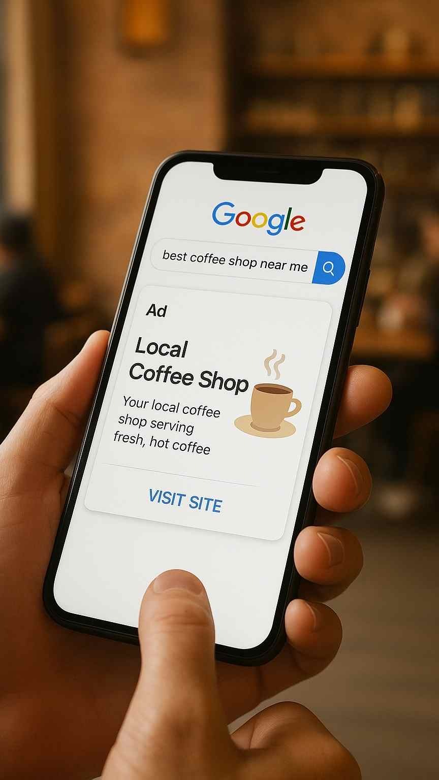 A photo-realistic scene of a customer using a smartphone to search “best coffee shop near me,” with Google AI Mode showing a local café’s ad with a steaming coffee cup.