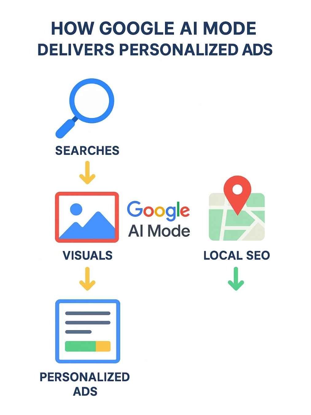 A clean, modern infographic showing a flowchart of how Google AI Mode delivers personalized ads, with icons for searches, visuals, and local SEO. Bright colors and clear text.