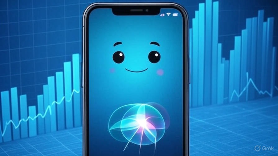 Futuristic smartphone screen with Siri answering about a local business, revenue charts rising.