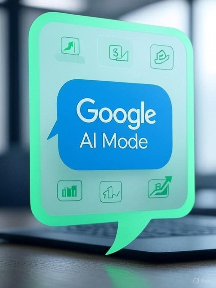 Infographic of Google AI Mode ad showing revenue growth with green accents.