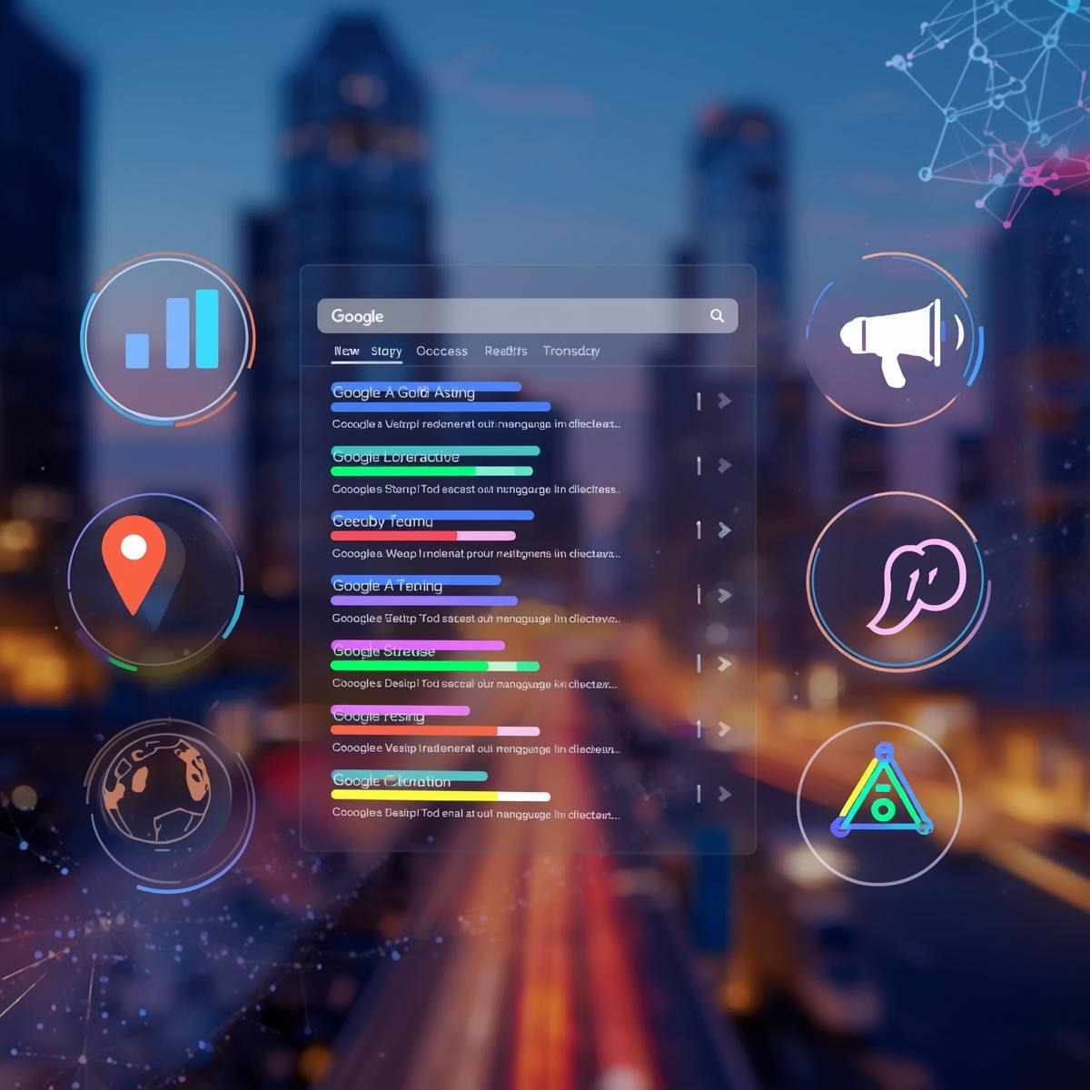 A sleek, modern depiction of a digital dashboard displaying a Google search page with only 10 results highlighted in bold colors, surrounded by icons representing SEO success (e.g., a rising graph, a local map pin, and a megaphone for brand voice). The background features a vibrant cityscape to emphasize local business impact, with a subtle AI neural network overlay to hint at Google's AI-driven changes.