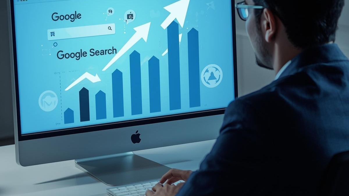 A business owner at a desk, analyzing a computer screen showing top 10 Google results, with upward arrows indicating growth and icons of local maps and AI elements.