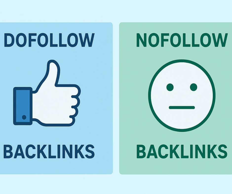 Infographic comparing dofollow and nofollow backlinks with flat design icons.