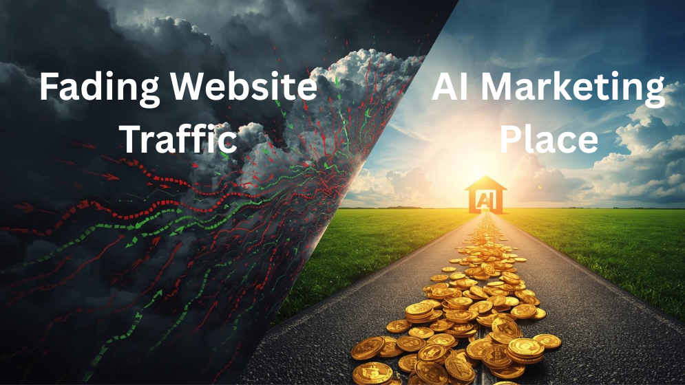 Chaotic storm of fading website traffic arrows vs sunny path with gold coins from AI marketplace.