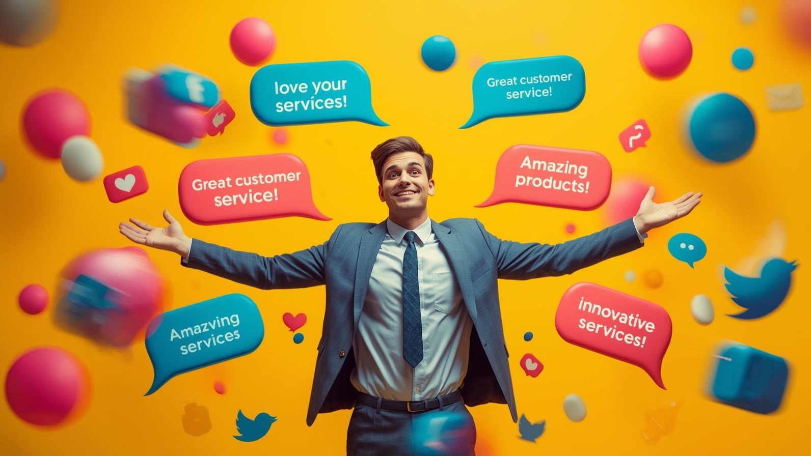 Business owner in cartoon style surrounded by glowing customer testimonials and social media icons.