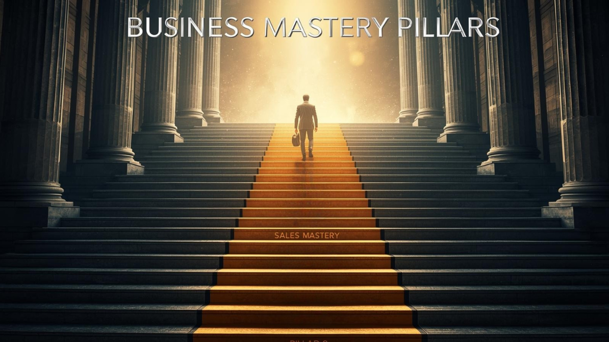 A motivational poster style cinematic concept scene featuring a grand staircase with eight distinct steps. Each step is clearly labeled: "Pillar 1" on the first, "Pillar 2" on the second, "Pillar 3" on the third, and "Pillar 4" on the fourth. The fifth step emanates a strong, inviting glow and is inscribed with "Sales Mastery." The sixth step is labeled "Pillar 7," and the eighth step is labeled "Pillar 8." A determined individual is depicted ascending the stairs, pausing at the glowing "Sales Mastery" step, symbolizing progress towards success. Above the staircase, a bright, ethereal light shines down, representing aspiration. The scene is framed with a dynamic composition, rich cinematic color grading, and filmic tones, utilizing a shallow depth of field and high contrast for dramatic effect. A prominent title at the very top reads "Business Mastery Pillars."