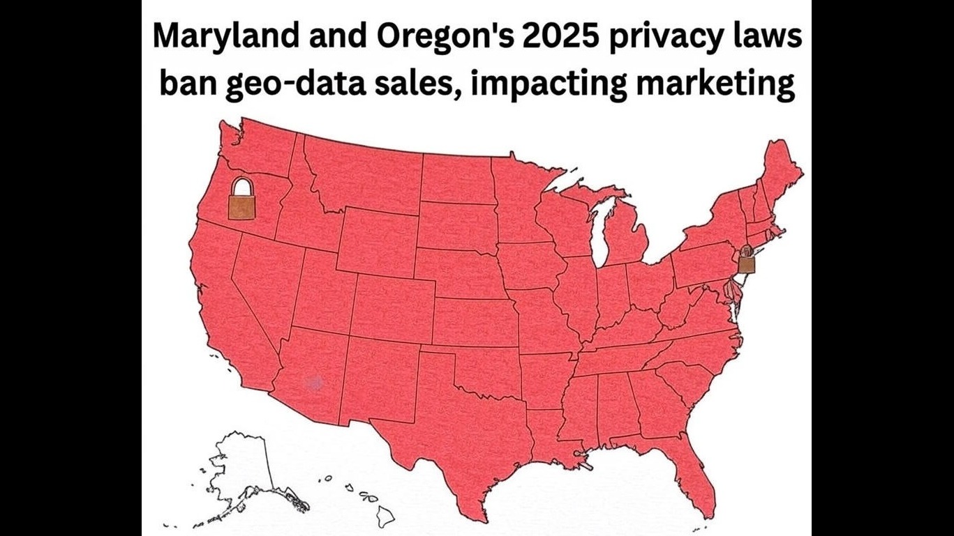 A vibrant U.S. map highlighting Maryland and Oregon in red, with golden lock icons overlaying location pin