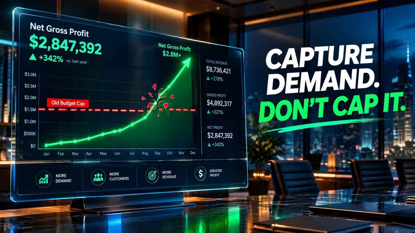 Executive dashboard showing rising gross profit breaking through an ad spend cap to illustrate capturing marketing demand.