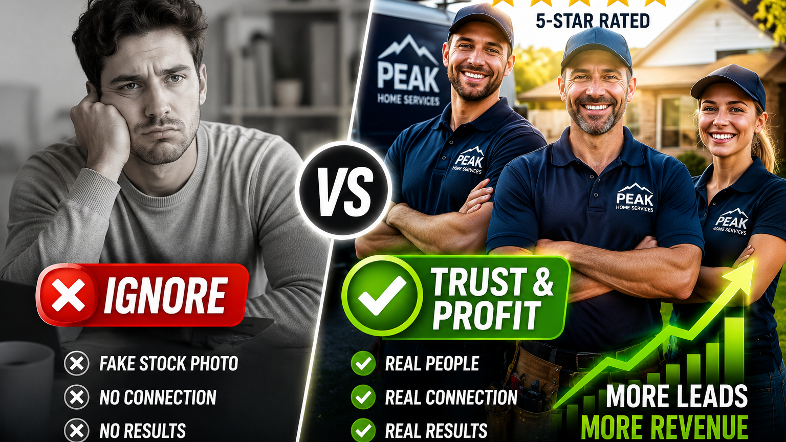 Split screen comparison showing an ignored generic stock photo model versus an authentic, high-converting local business team photo.